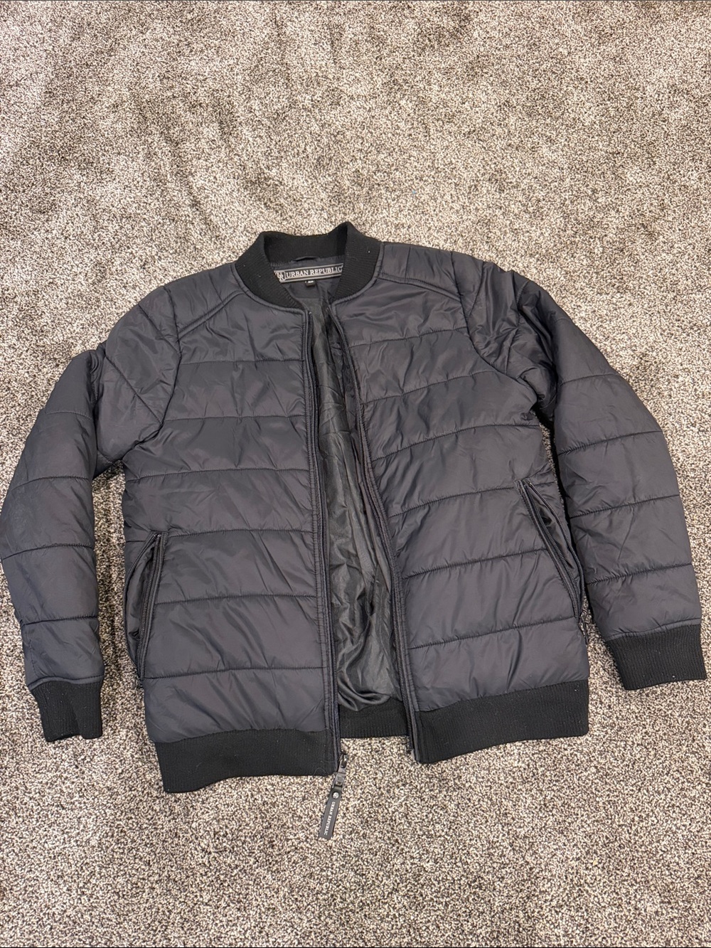 Urban Republic Boy’s Black Quilted Bomber Jacket with Ribbed Trim